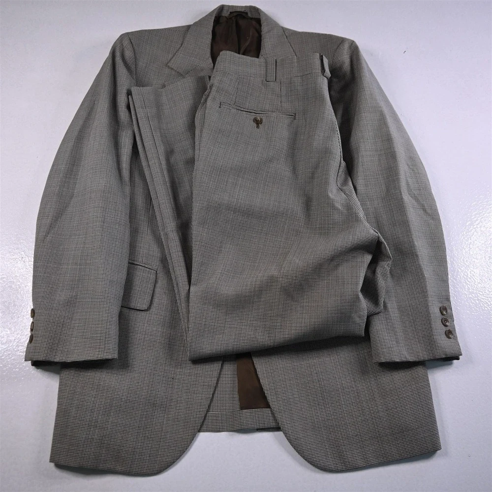 Vtg Dover Bootcut 44L‎ 34x30 Brown Houndstooth Wool Mens Jacket Pants Suit